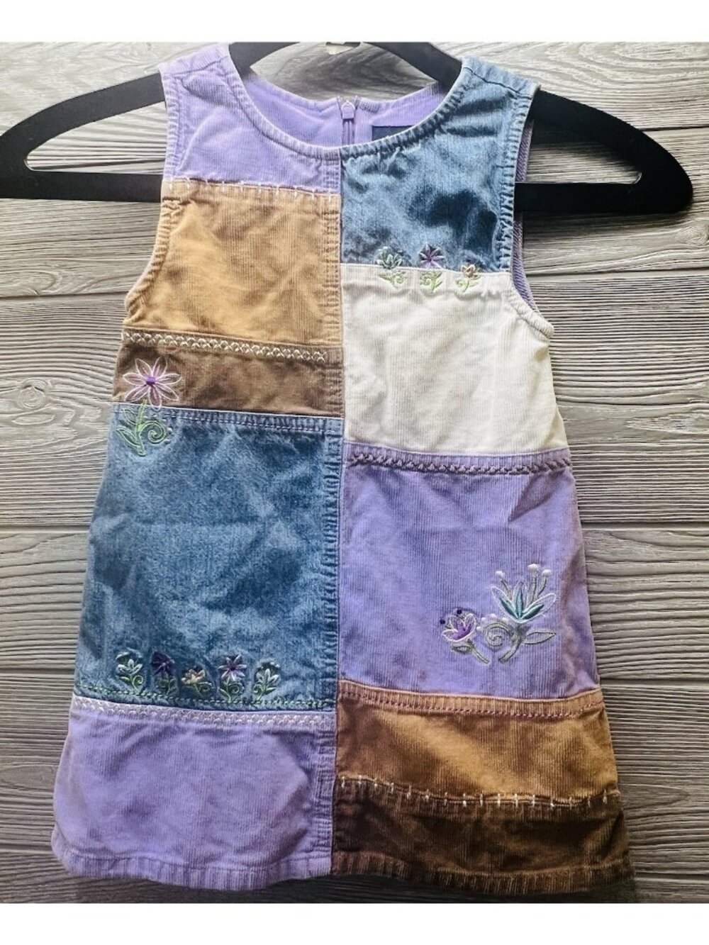 Sonoma Girls Dress 4T Patchwork Corduroy Denim Embroidered Floral Purple Tan